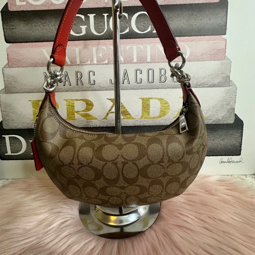 COACH PVC Signature/Leather Payton Shoulder Bag Khaki/Electric Red